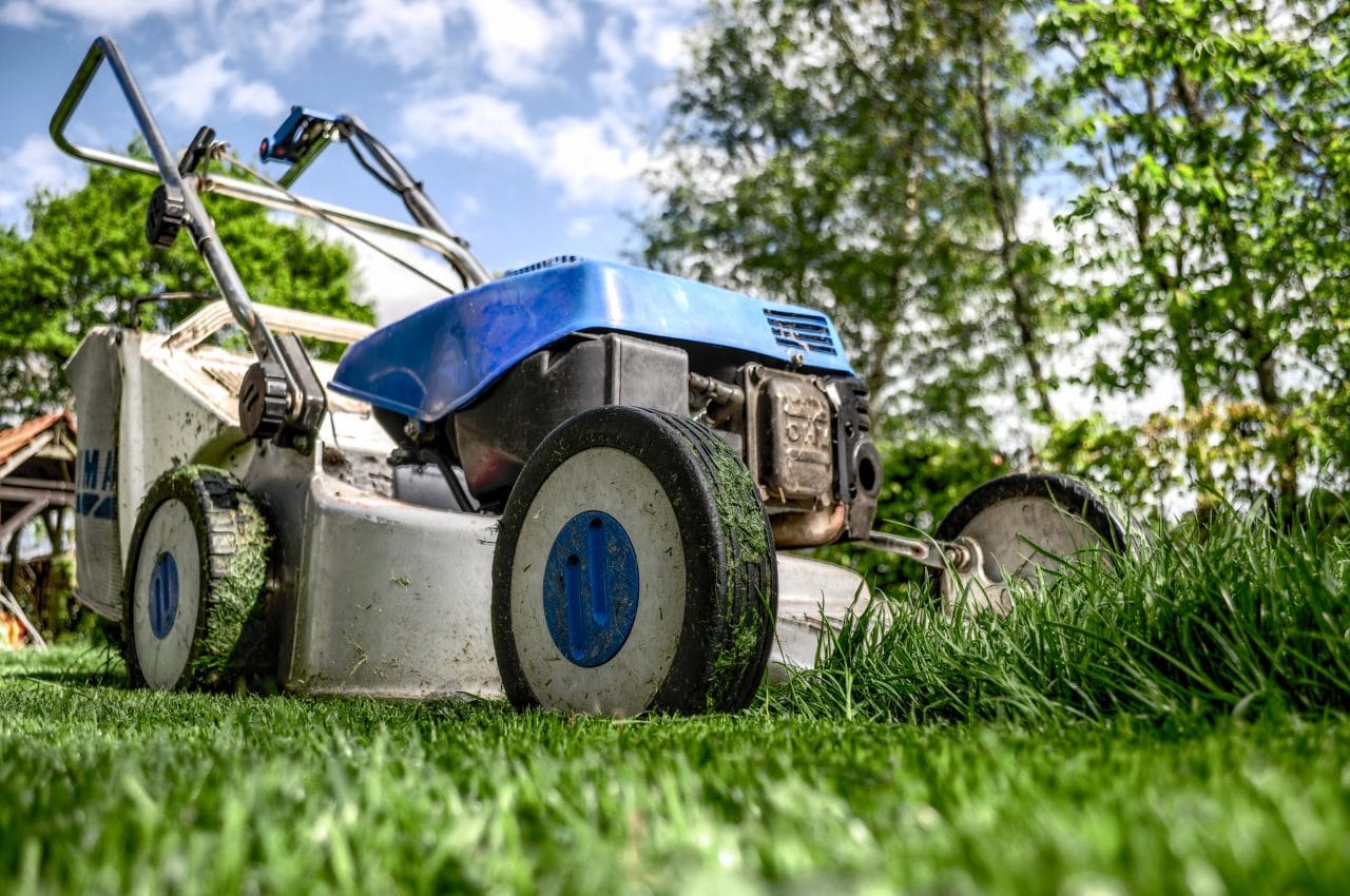 Close up of a lawnmower mowing a lawn
